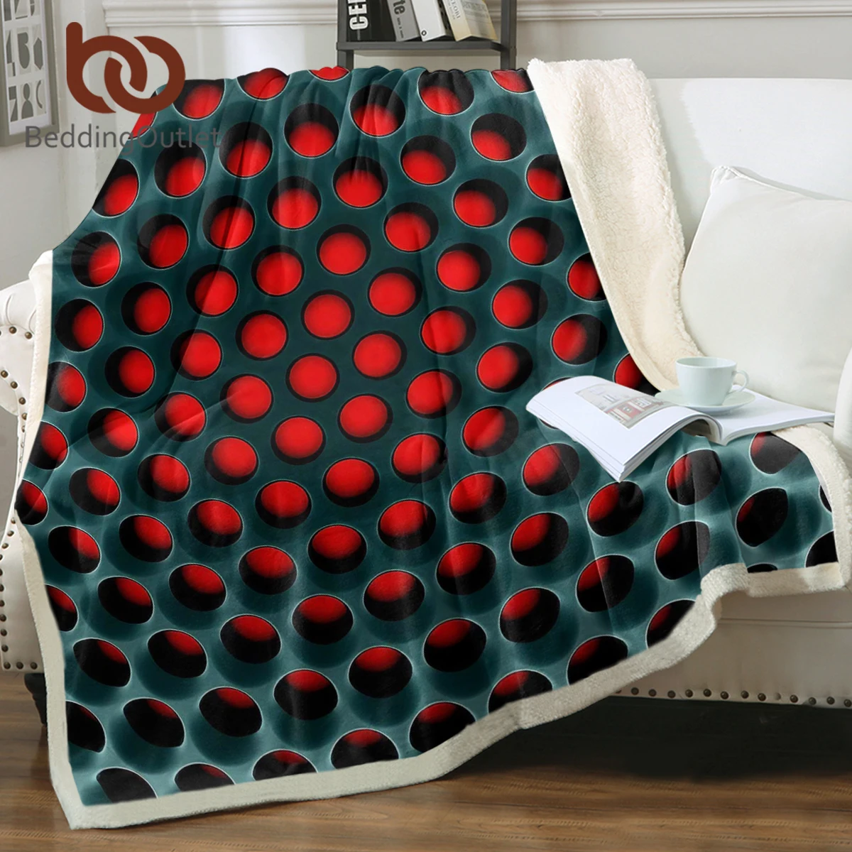 

BeddingOutlet 3D Psychedelic Geometry Sherpa Fleece Blanket Honeycomb Coal Round Hole Red Light Bedspread For Bedroom Decor Gift