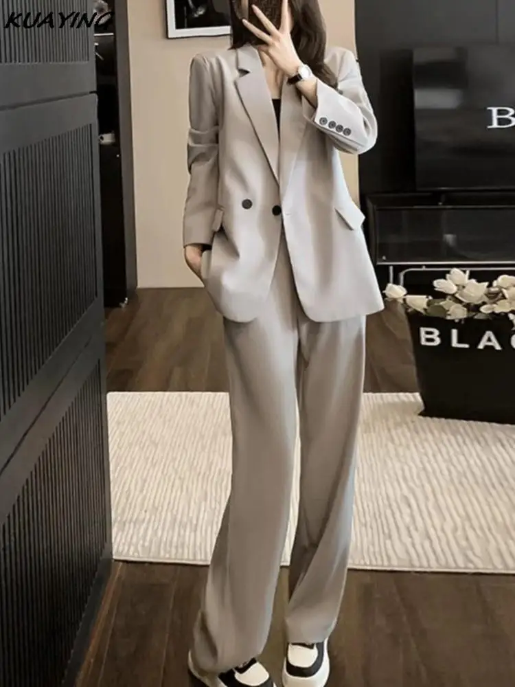 Women Chic Blazer High Waist Straight Pants Suits Vintage Solid Long Sleeve Office Lady 2 Pieces Sets Female Fashion Clothes