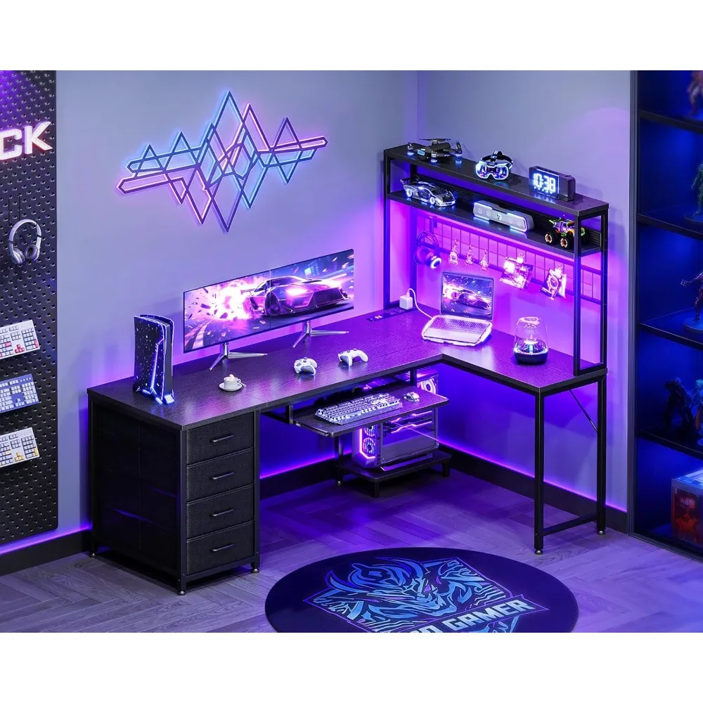 مكتب على شكل حرف L مقاس 59 بوصة مع 4 أدراج، مكتب ألعاب مع أضواء LED ومنافذ طاقة، مكتب كمبيوتر مع لوحة بيجبورد ولوحة مفاتيح T #2