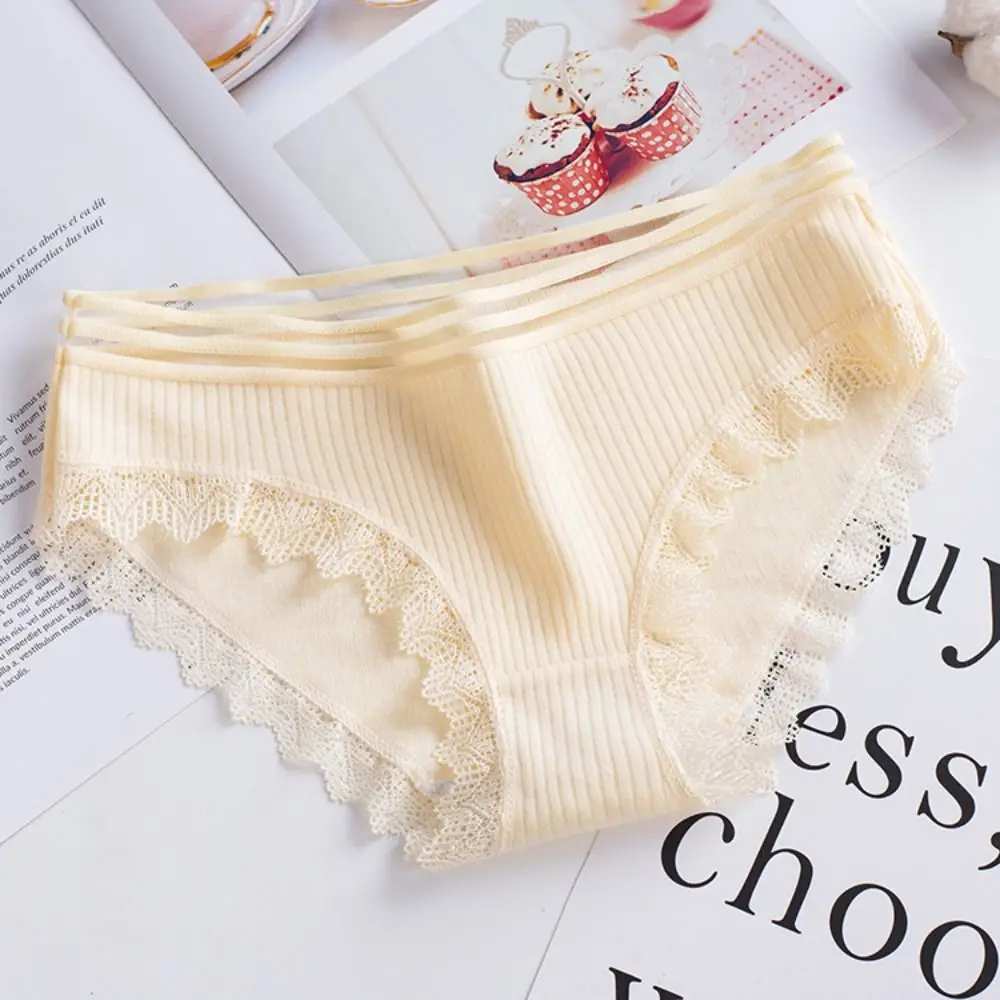 Simple Low Waist Lace Briefs Solid Color Underpants Ruffled Bow Panties Thin Simple Underwear for Women Gifts