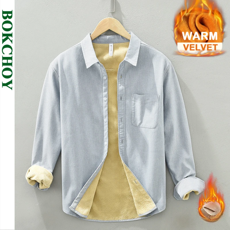 2024 Autumn Winter New Casual Thick Velvet 100% Cotton Shirts for Men Clothing Slim Simple Men Shirts CM602