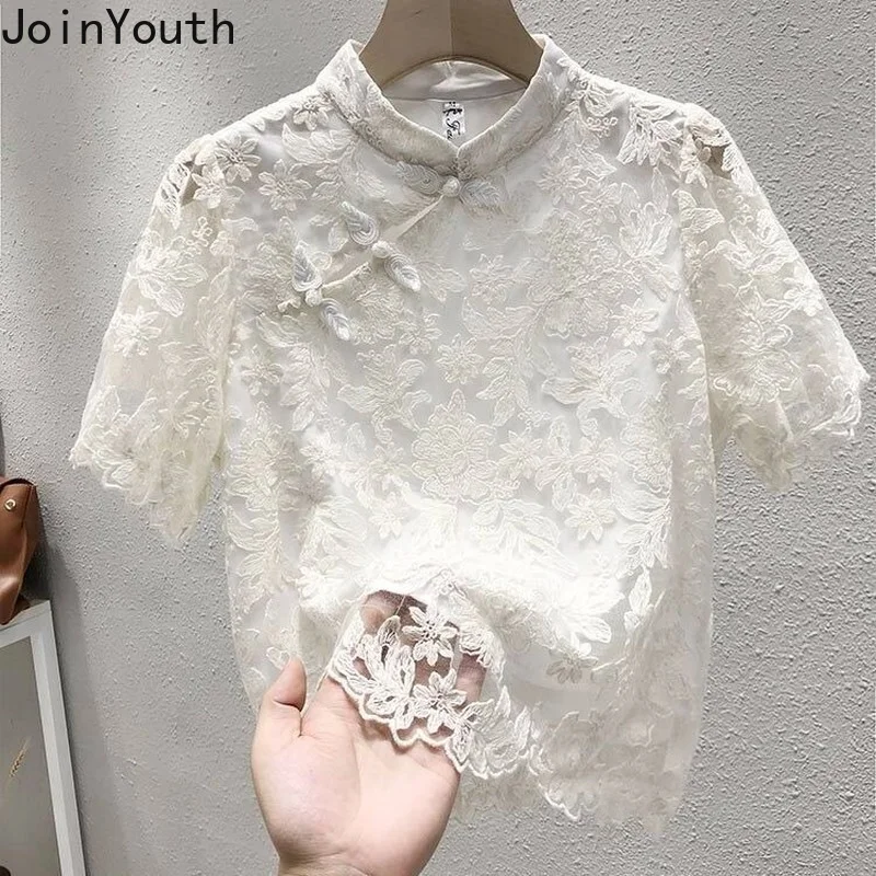 Chiffon Lace Blouse Women Short Sleeve Stand Neck Vintage Shirts 2023 Blusas Mujer De Moda Korean Summer Blouses Tops Femme