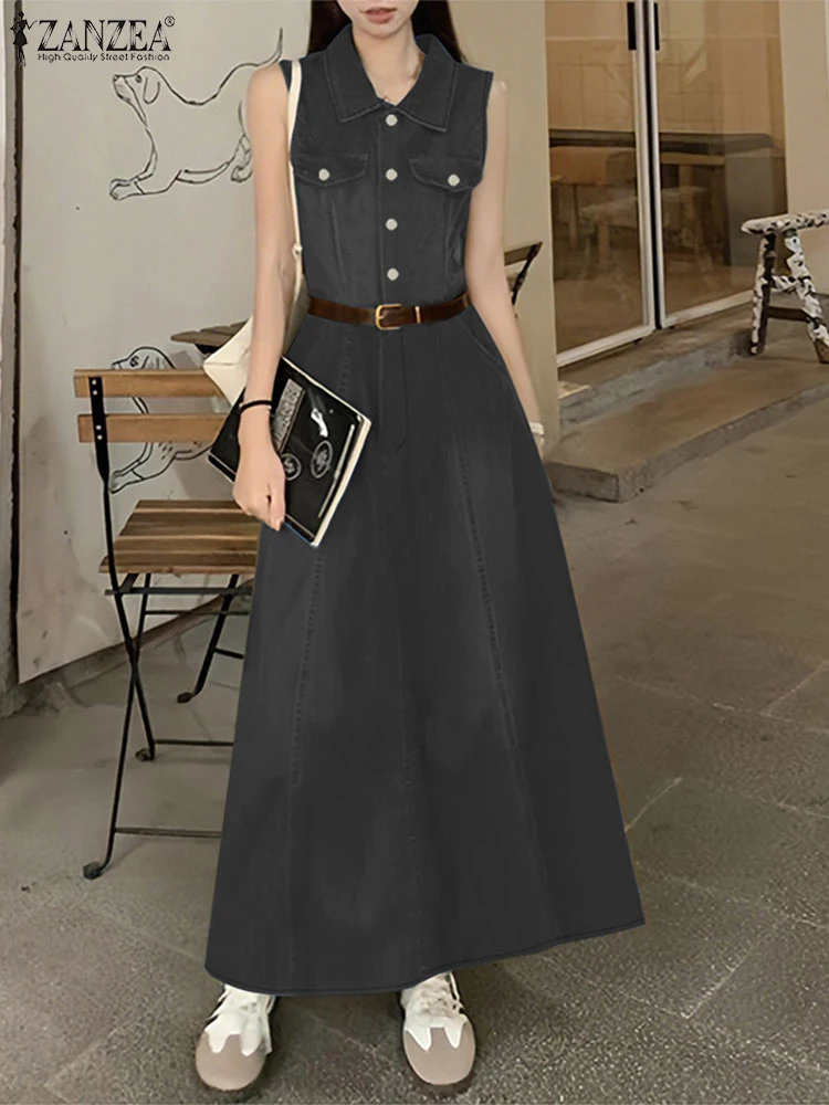 2025 ZANZEA été Denim bleu Robe mode femmes sans manches Robe d'été Maxi longues robes Robe Femme élégant solide robes de travail