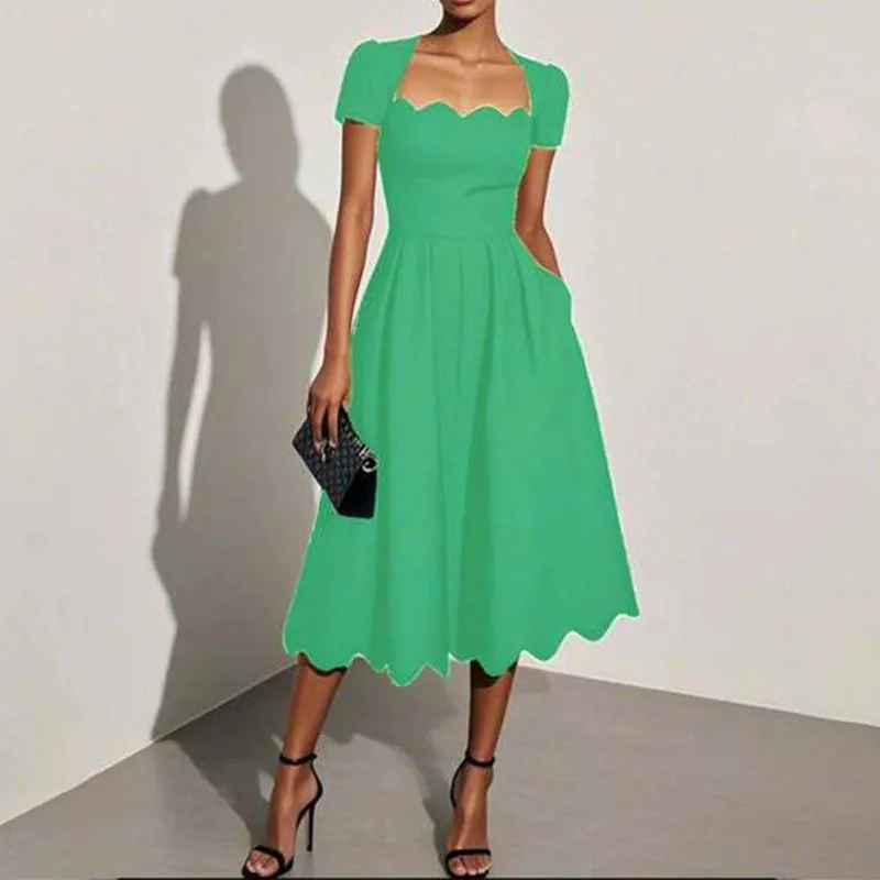 Abito lungo estivo da donna elegante con colletto quadrato a onde Abito lungo da spiaggia solido sexy da ufficio Manica corta Boho Maxi abiti femminili