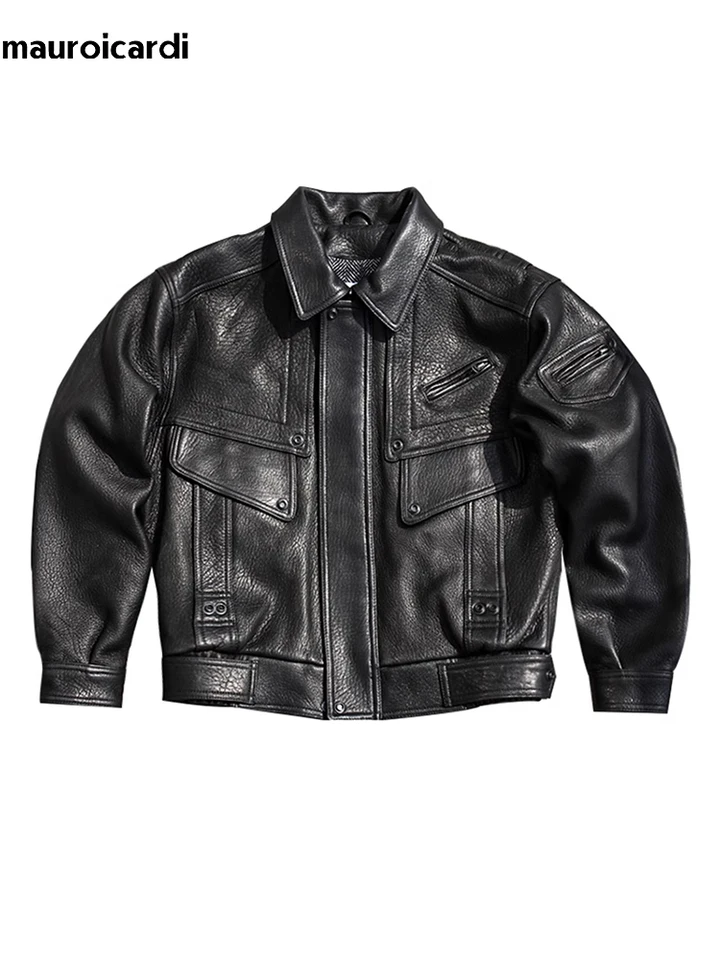 Mauroicardi Spring Autumn Cool Black Pu Leather Motorcycle Jacket