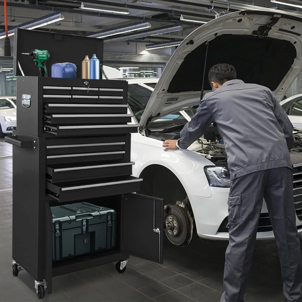 13段引き出し付きツールチェスト、両開き扉と取り外し可能なホイール付き、大型工具収納用