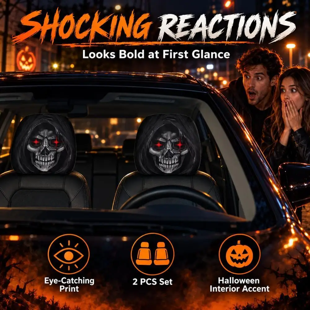 2Pcs Grim Reaper Skull Car Headrest Covers 2D Printed Red-Eyed Skeleton Funny Halloween Car Interior Decoration Accessories