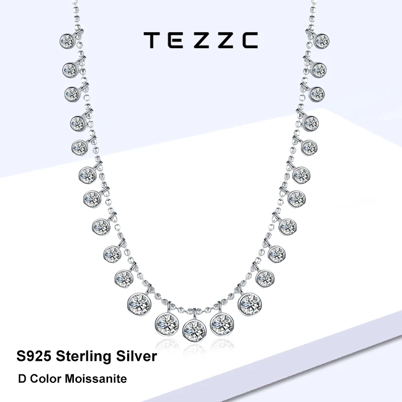 

Tezzc Round Party Necklace 925 Sterling Silver With White Gold Luxury Wedding Tennis Necklace for Women Full Diamond Jewelry