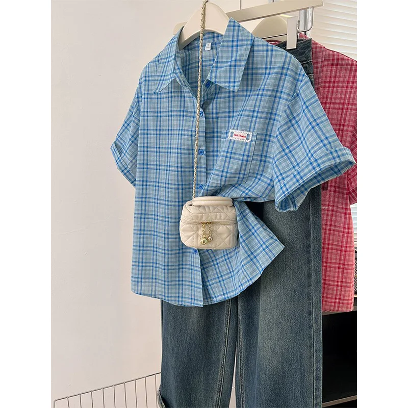 

Women Clothing Summer Fashion Casual Button Plaid Color Blocking Polo Collar Female All-match Appear Thin Lazy Wind Short Sleeve