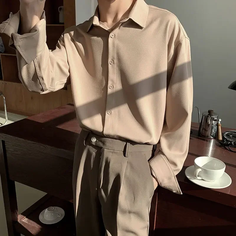 2024 New Ice Silk Drape Shirts for Men Long Sleeve Loose Business Casual Button Solid Color Lapel Designer Clothes Men's Shirt