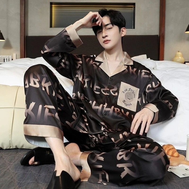 

Мужские пижамы с длинными рукавами, новые весенне-осенние ледяные шелковые комплекты молодежной домашней одежды большого размера для комфорта осени, зимы и лета
