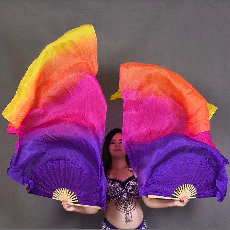 

1 Pcs 150cm Length Belly Dance Fan Gradient Color Real Silk Bamboo Fans Practice Dance Silky Veil Stage Performance Props