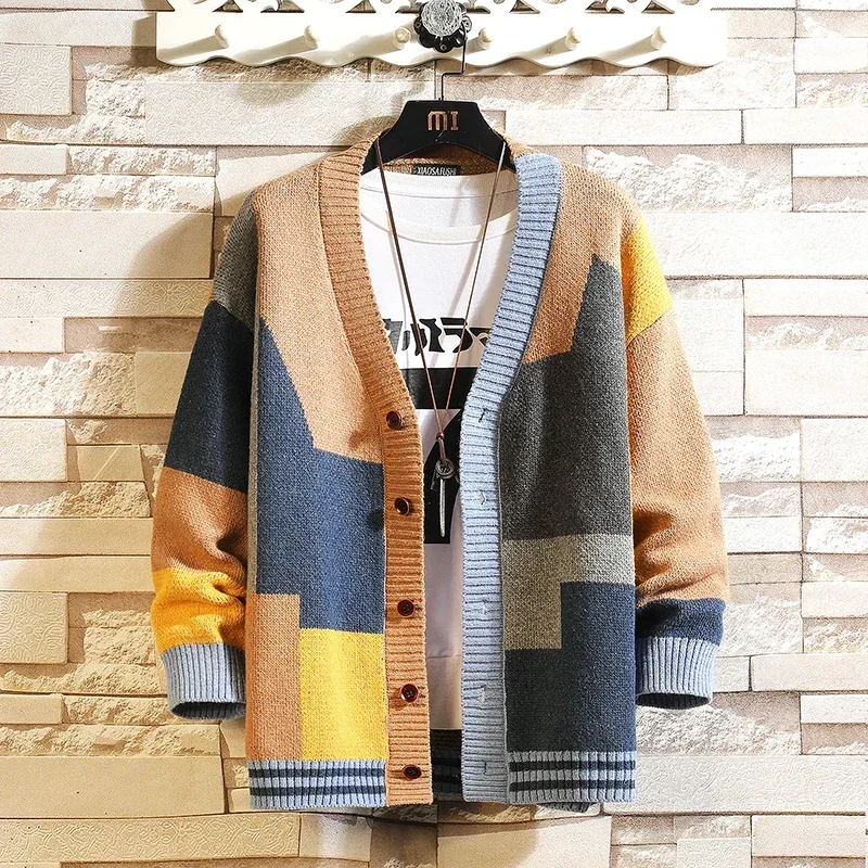 Vintage Knit Cardigan Jacket Stitching Colors Men Women Casual Sweater Cardigan Loose Wool Knitwear High Quality Knitted