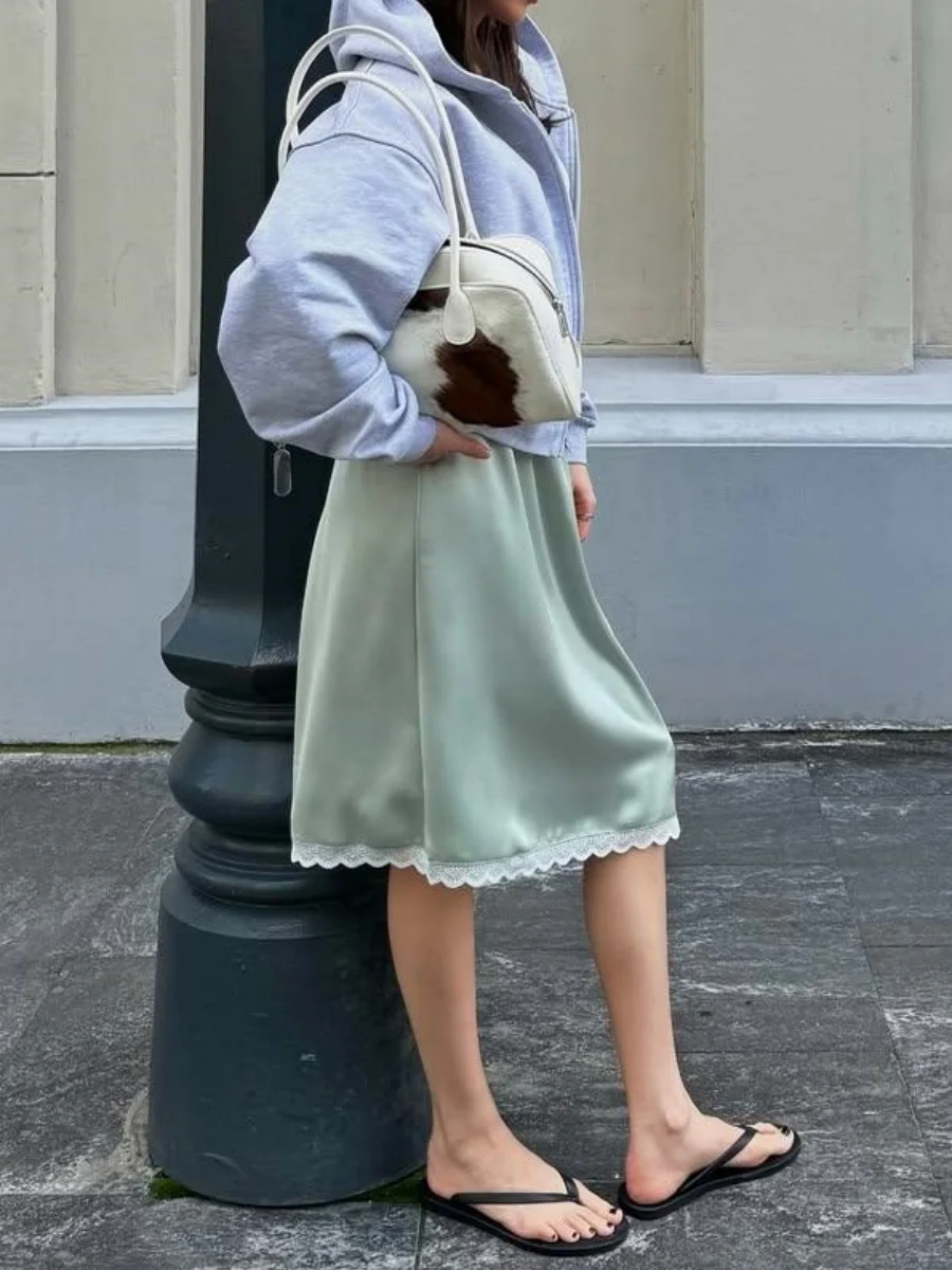 Новая мода атласная юбка-миди платье женская новая кружевная лоскутная элегантная юбка осень с высокой талией однотонная кружевная юбка трапециевидной формы наряды