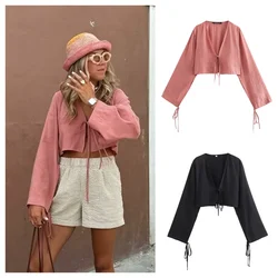 PB&ZA 2024 Spring New Women's Fashion temperament casual versatile bow decoration hanging short shirt