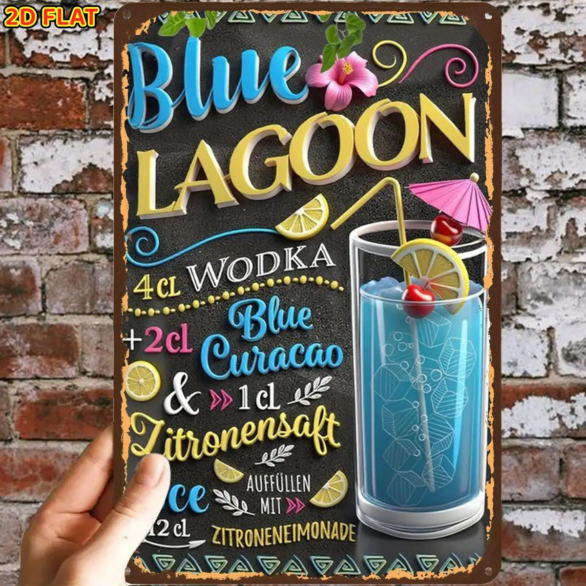 2D Flat, 1pc, Blue Lagoon Cocktail Recipemetal Iron Sign, Pre-Drilled Holes, Suitable for Indoor, Garden, Outdoor, Home, Office,