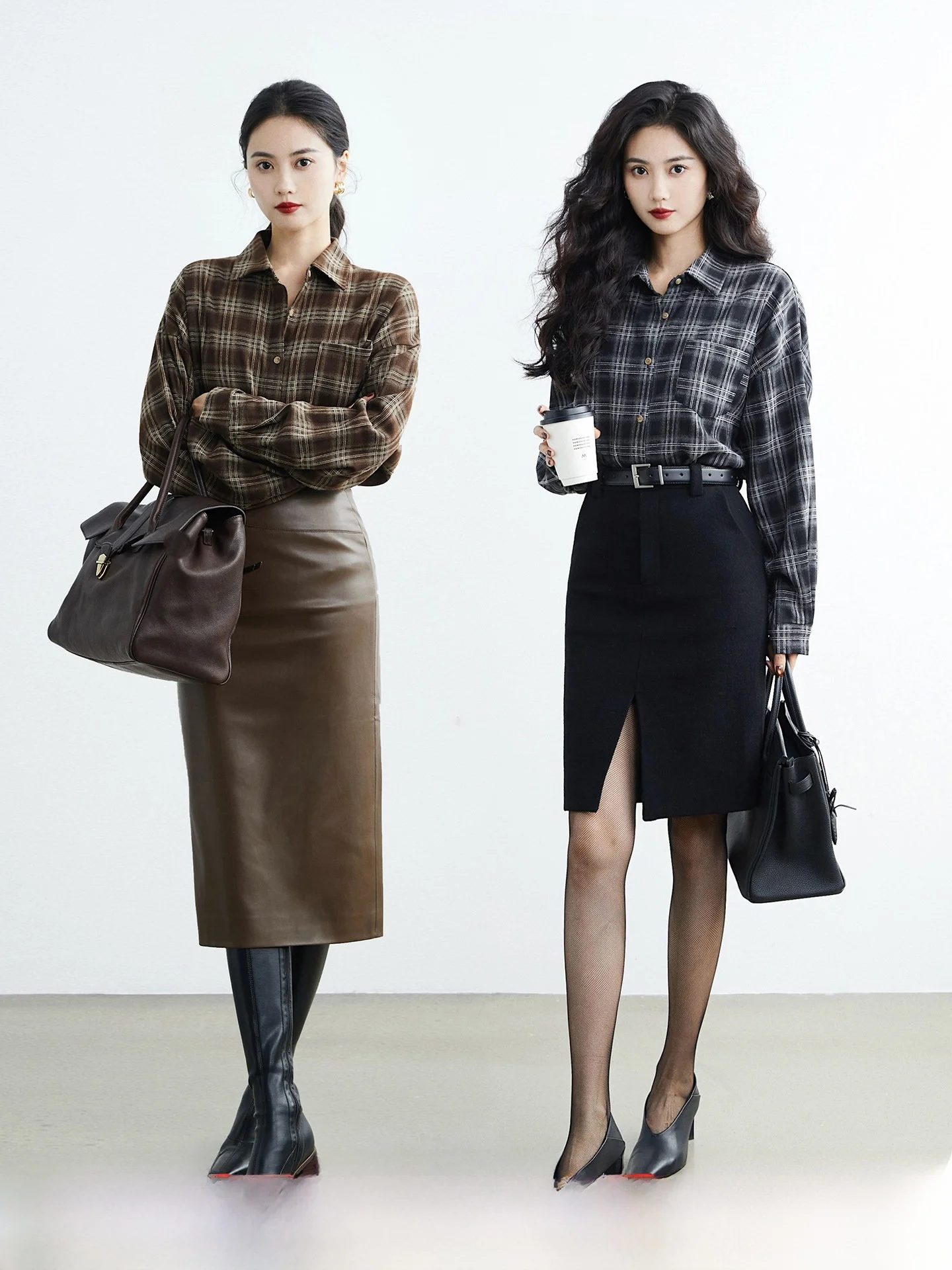 

TAIYANG OFFICE Thiened Flannel Plaid irt Winter Commute Office Wear Women's Top Straight Cut Long Sve Breathable Skin-...