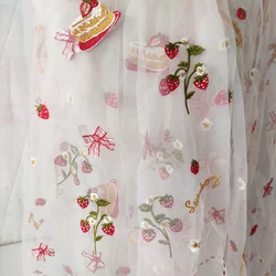 1meter Price White /Pink Strawberry Birthday Cake Letters Bow Embroidered Mesh Fabric Pink Girls' Dress Garment Net Fabric SC283