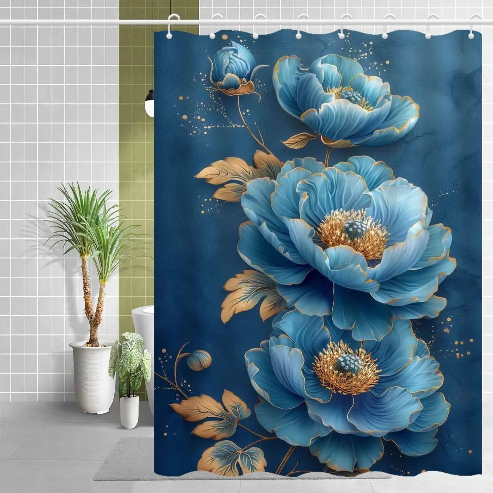 Vibrant Blue Watercolor Floral Shower Curtain Bathroom Decor Botanical Art Tropical Bloom Shower Curtain Liner