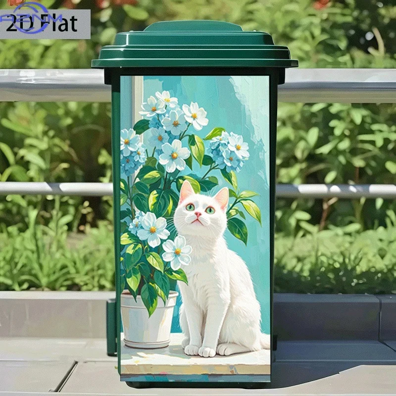 [2D Flat Printing] 1pc Trash Can Sticker  X  Cm White Cat And Blue Flowers Decorative Wall Paper Self-Adhesive Kitchen Trash C