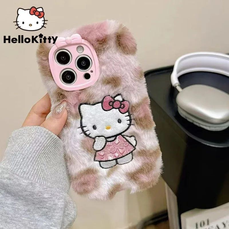 Sanrio Hello kitty Plush embroidery Kawaii Phone Case Y2K Gifts New Silicone Soft Case for iPhone 12 13 14 15 16 Pro Max