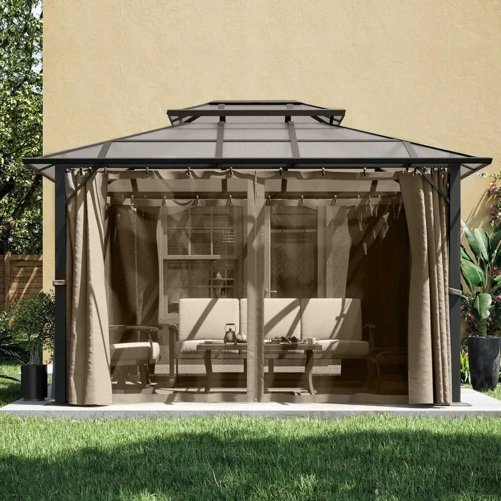 Hardtop Gazebo 10x12 FT Polycarbonate Double Roof with Netting and Curtains, Metal Aluminum Outdoor Gazebo for Backyard, Patio