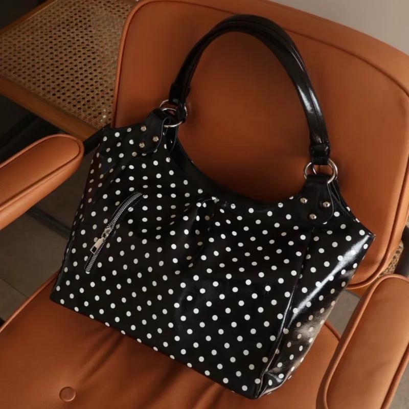 

Korean Style Polka Dot Tote Bag For Women Retro Black White Dot Shoulder Bag With Lock Charm Trendy Casual Work Underarm Handbag