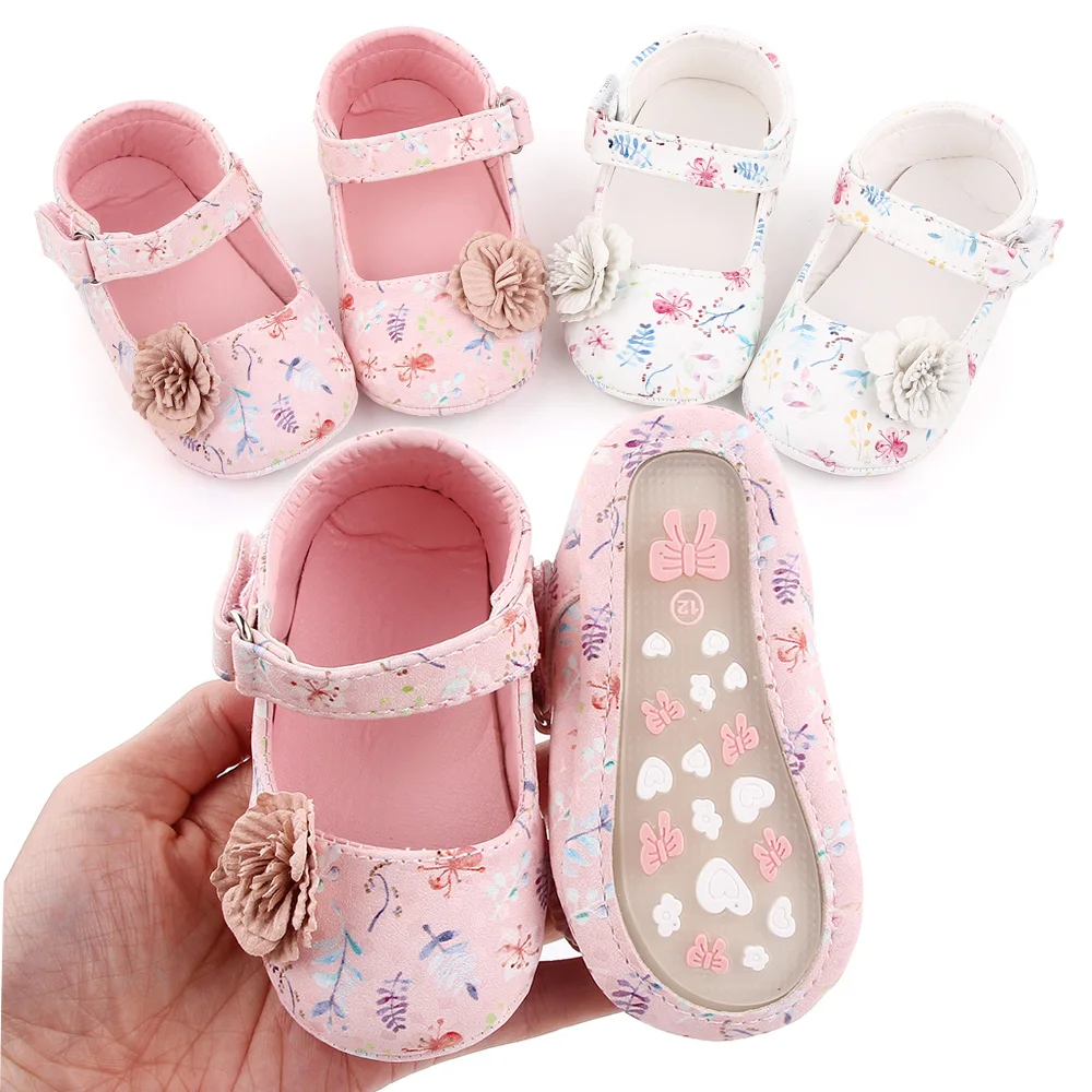 Baby Girl Shoes Mary Jane Flower Print Cute Bowknot Spring and Summer Sandal Soft PU and TPR Sole Anti-slip for 0-12M Baby