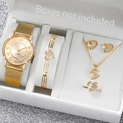 6PCS/Set Fashion Women's Watch Plastic Band Quartz Watch Rhinestone Heart Jewelry Set(Without Box)