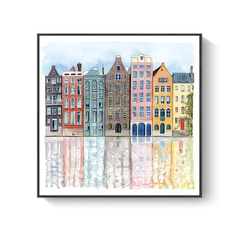 

Современное декоративное акварельное здание, отражение, квадратное произведение искусства для гостиной, камерытивного отеля и висячая картина BnB