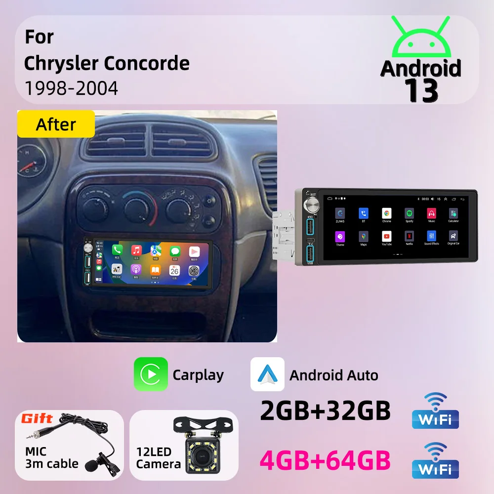 Sistema Multimedia para Automóvil Android para Chrysler Concorde 1998-2004, Carplay Inalámbrico, Estéreo para Auto, Unidad Principal de 6.86 Pulgadas 1 Din, Radio, Autoradio, GPS
