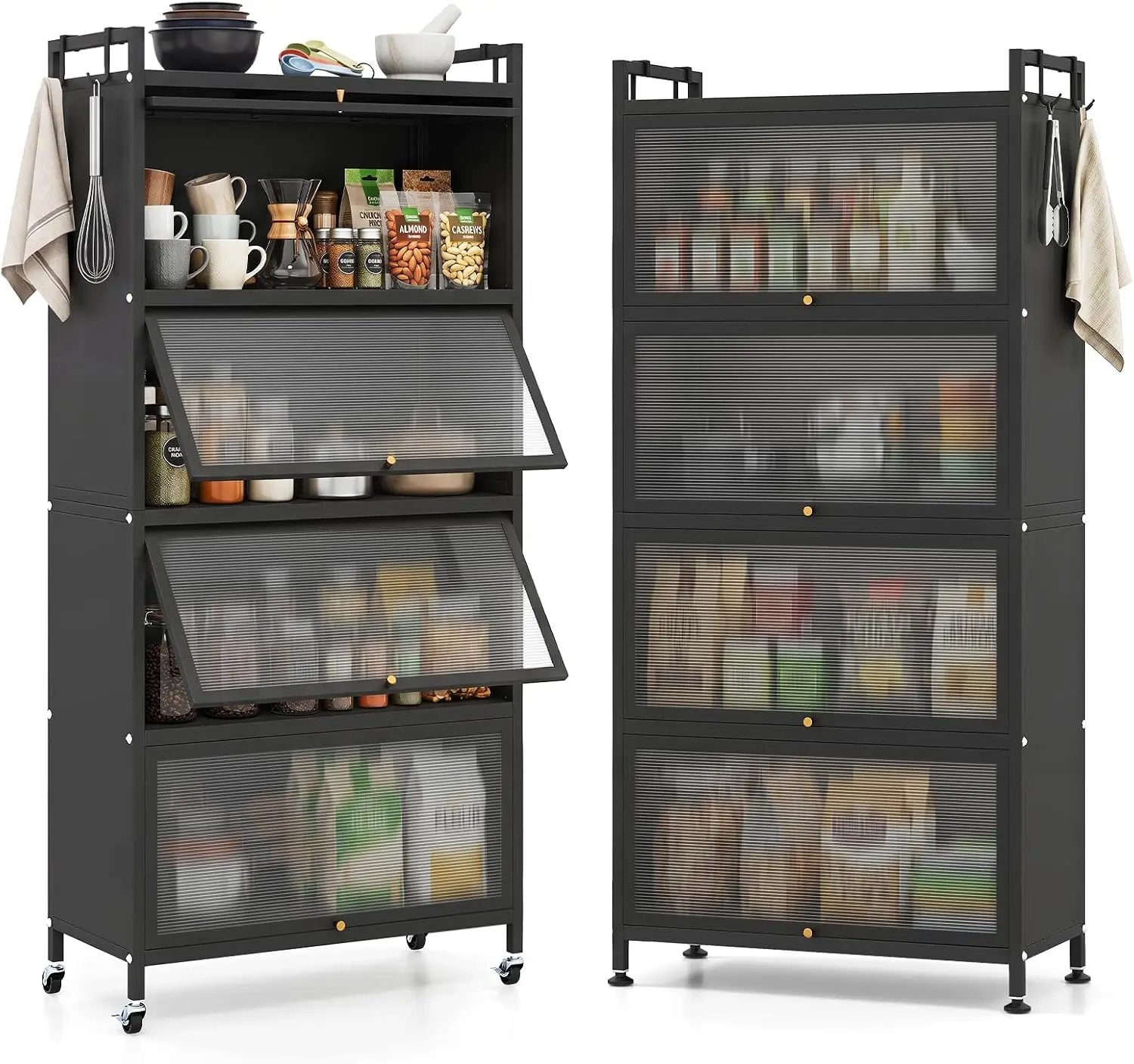 Five Tier Kitchen Storage Cabinet Freestanding Metal Bakers Rack With Flip Up Pc Doors Hooks Adjustable Feet Rolling Wheels Mobi