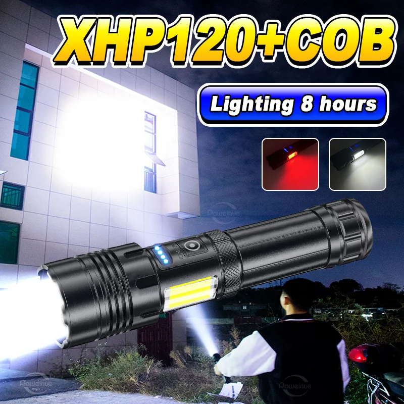 High Power Led Zaklampen Xhp120 Led Draagbare Zoombare Oplaadbare Abs Sterk Licht Cob Zijlicht Ingebouwde Batterij Zaklamp