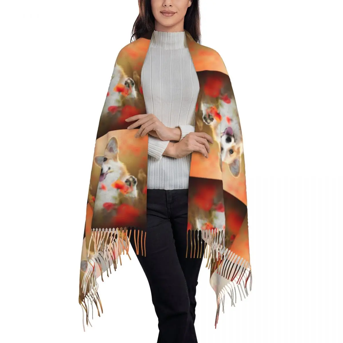 Corgi In A Poppy Field Scarf Tassel Scarves for Women Soft Warm Shawls and Wraps Large Fall Winter Shawl Wrap