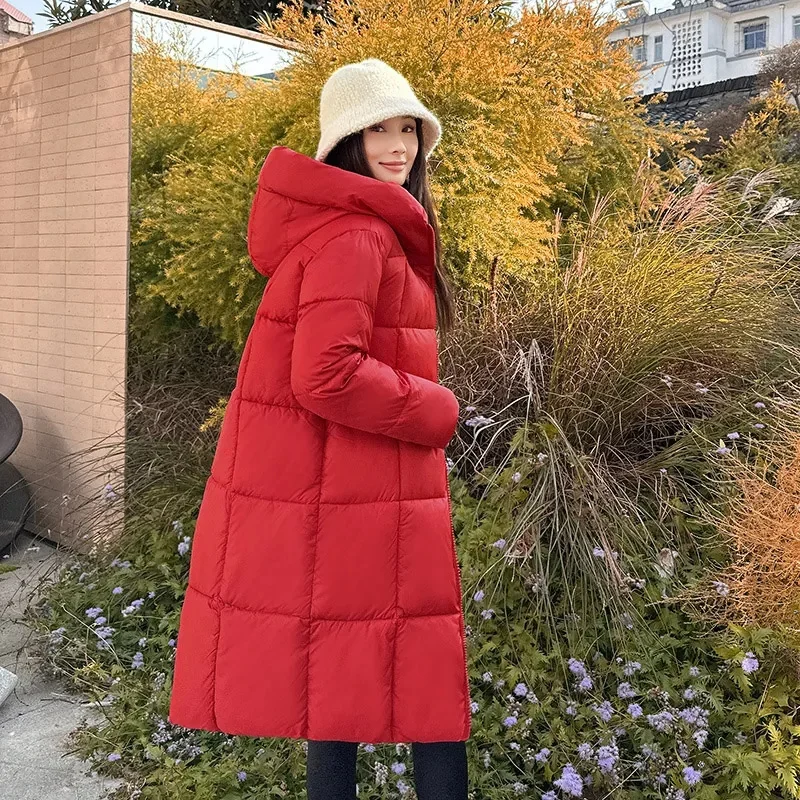 Parkas largas con capucha para mujer, abrigo grueso de algodón acolchado a prueba de viento, ropa de nieve suelta informal, Invierno