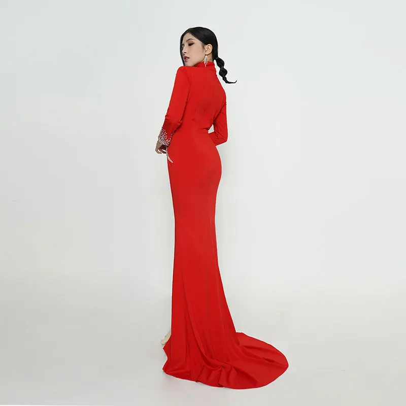 Baisha Hip Wrap Evening Dress Handmade Beaded Red Cheongsam Stand-Up Collar Long Sleeve Skirt Wedding Party Custom Dresses H834