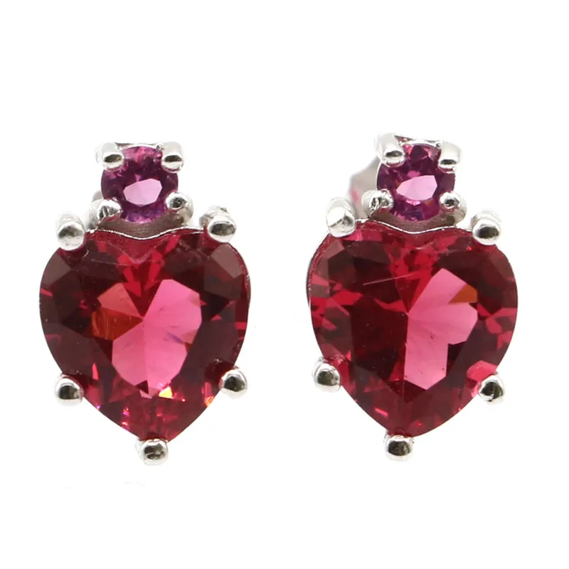 

925 Sterling Silver Stud Earrings 12x8mm Jazaz Lovely Heart 2.3g Pink Kunzite Pink Raspberry Rhodolite Garnet