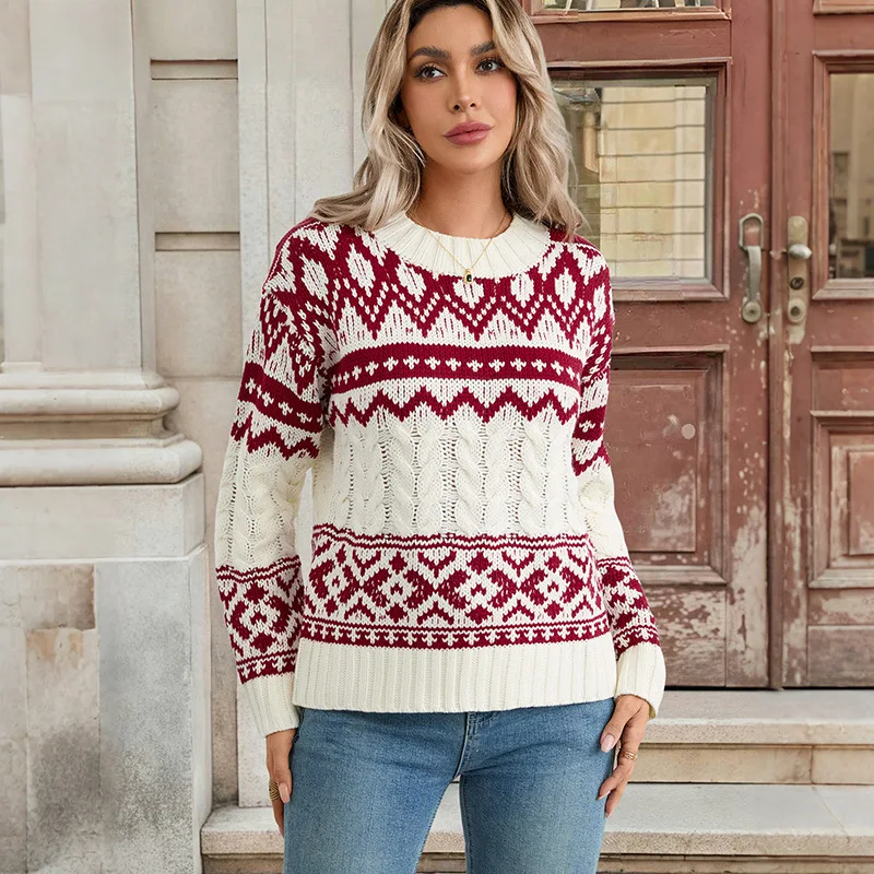 Suéteres Rusos, Jerseys de Manga Larga para Otoño e Invierno, Estilo Étnico, Suéter Tejido Cálido con Cuello Redondo, Suéter Navideño
