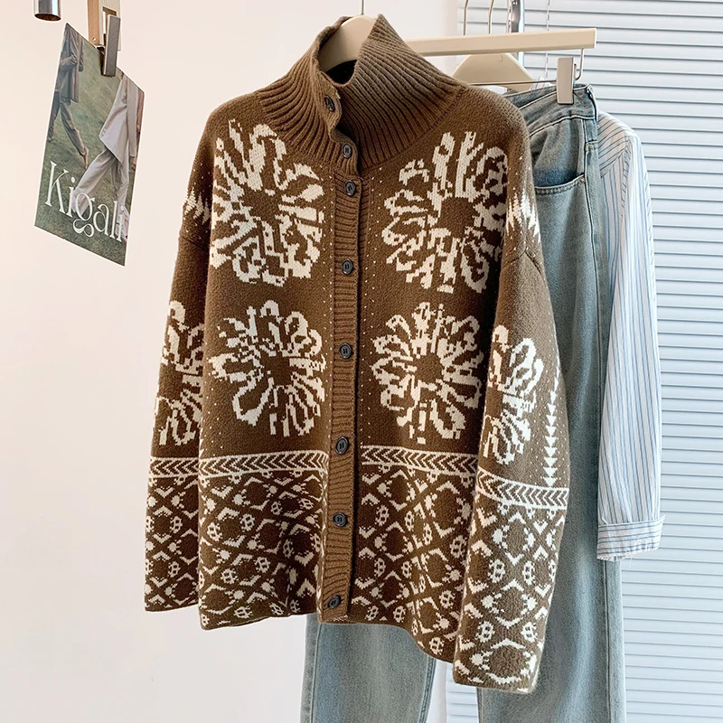 

SuperAen 2026 Autumn and Winter New Loose Casual Fashion Turtleneck Jacquard Thick Cardigan Sweater Jacket Korean Style Coats