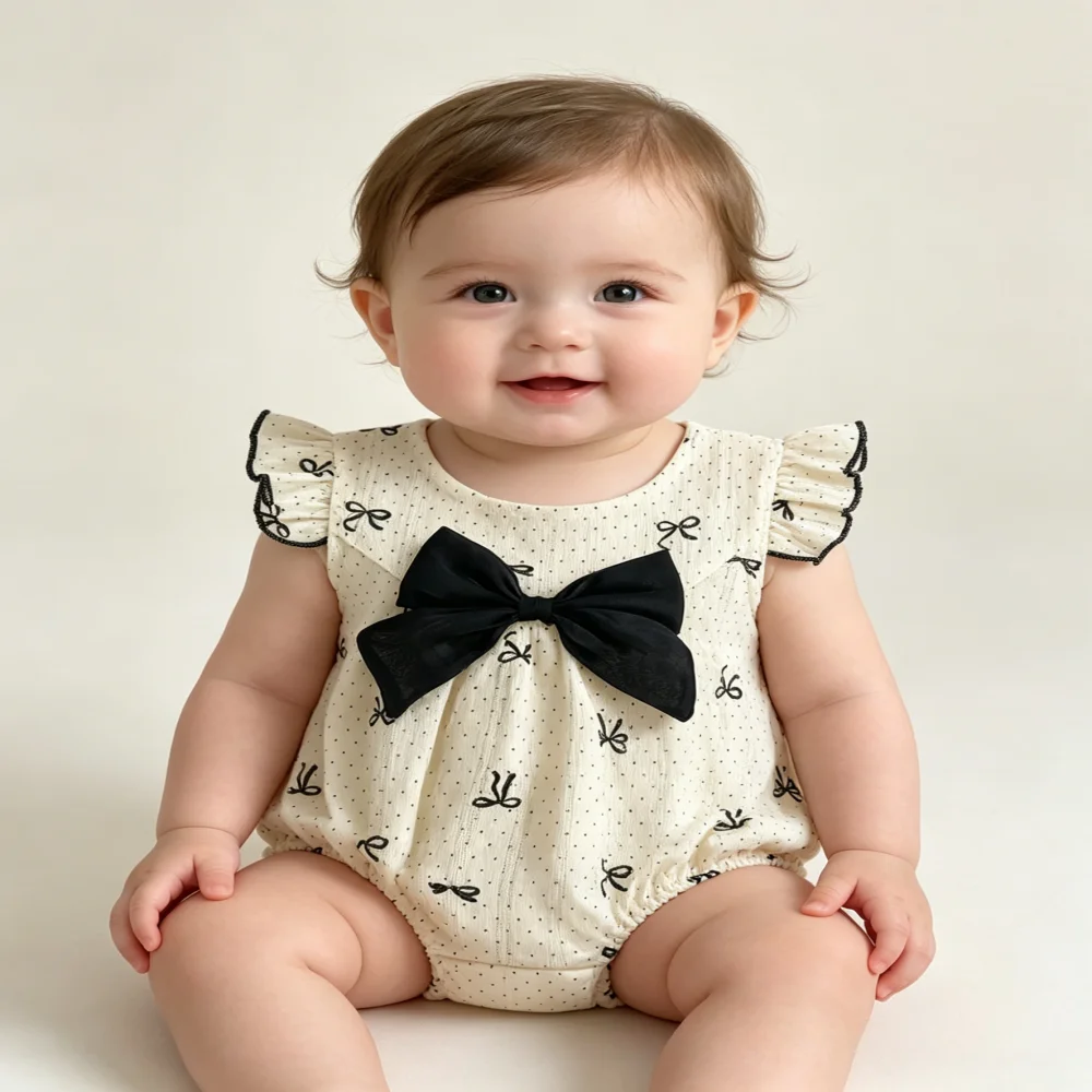 3M-2Y Summer Sweet Style Baby Bodysuit Bow Print Ruffle Sleeveless Girls Jumpsuit Thin Soft Breathable Toddler Romper