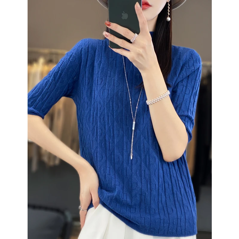 Spring and Summer 2023 New Women's Half Turtleneck Neck Short Sleeve Exquisite Cashmere Short sleeve Sweater Pullover