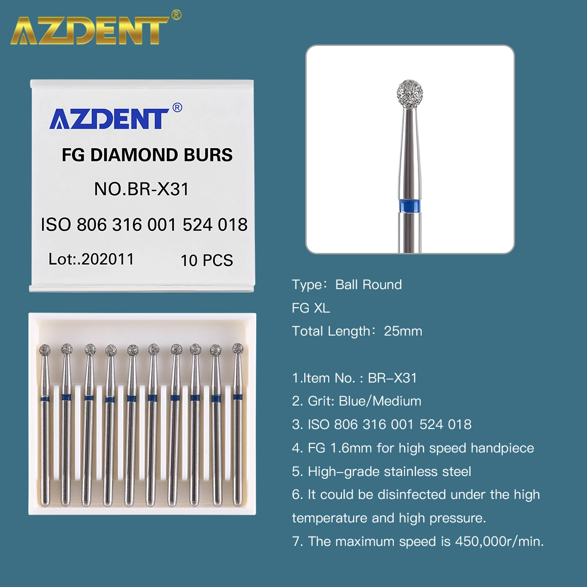 AZDENT 10 unids/caja fresas de diamante Dental bola fresa redonda longitud 25mm para FG 1,6mm pieza de mano de alta velocidad 450000 r/min