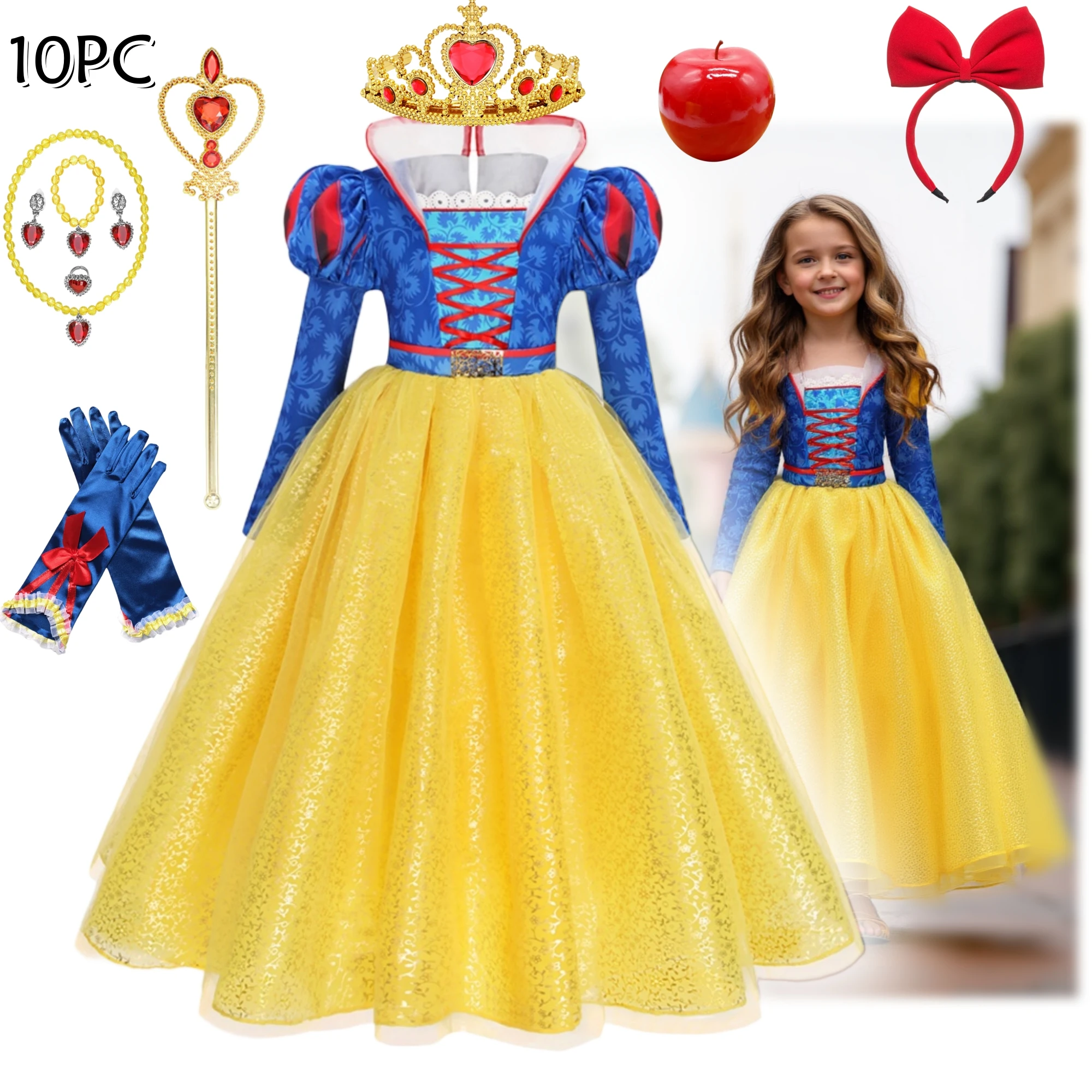 Muababy Deluxe Snow White Gown Set with Accessories Princess Costume Fairy Cosplay for Girls Kids Toddler Carnival Party Vestido