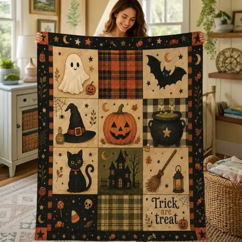1 Pc Halloween Blanket, Black Cat Ghost Pumpkin Throw, Rustic Autumn Patchwork Decor, Spooky Gift