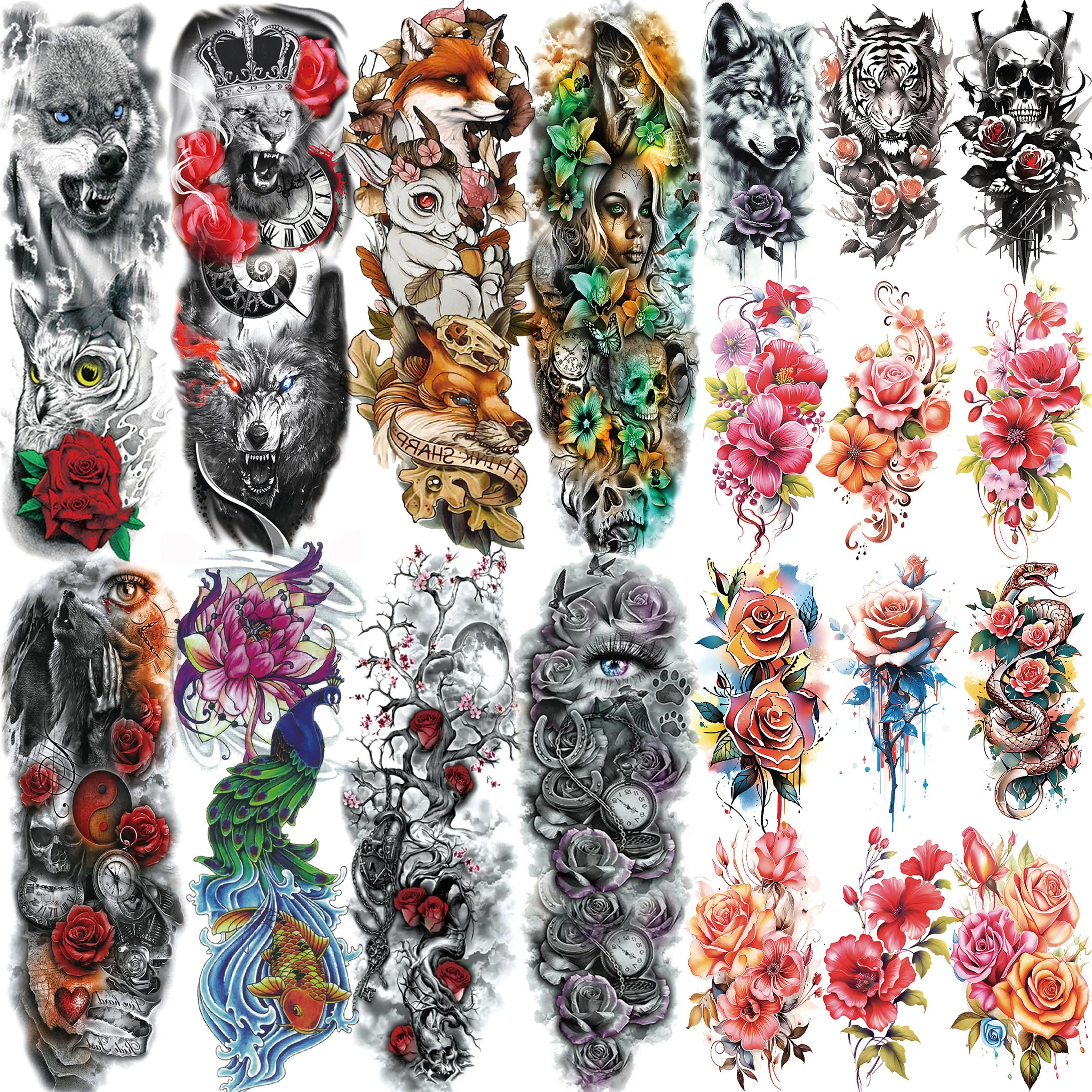 

1 Sheet Full Sleeve Temporary Tattoos For Women Adults Watercolor Nun Flower Death Skull Fox Peacock Tattoo Sticker Arm Leg Body