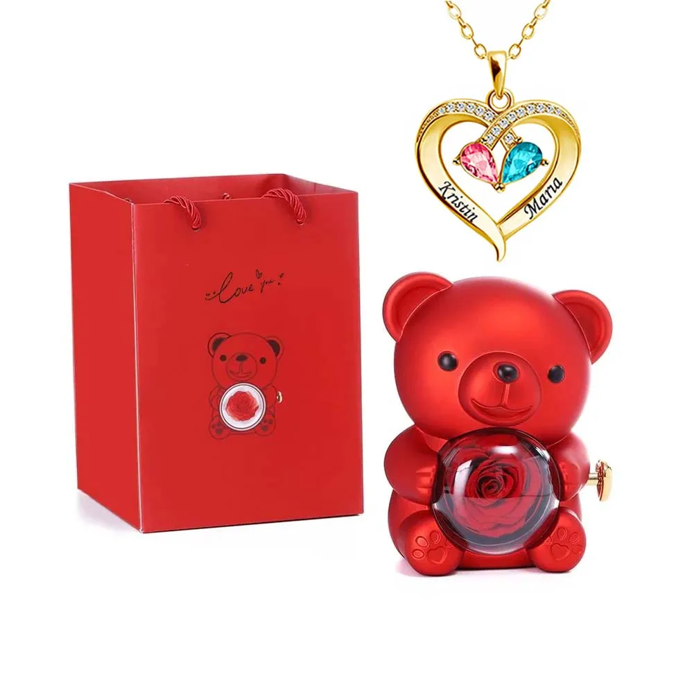 

Eternal Rose Bear Gifts Box with Necklace Rotate Rose Jewelry Box Valentine Wedding Storage Gift Case for Women Girlfriend