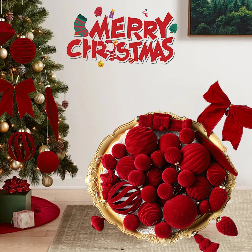 

1set Christmas Tree Flocked Velvet Pendant Wine Red Green Ball Bow Ornament Christmas Home Party Deco 2026New Xmas Tree Ornament