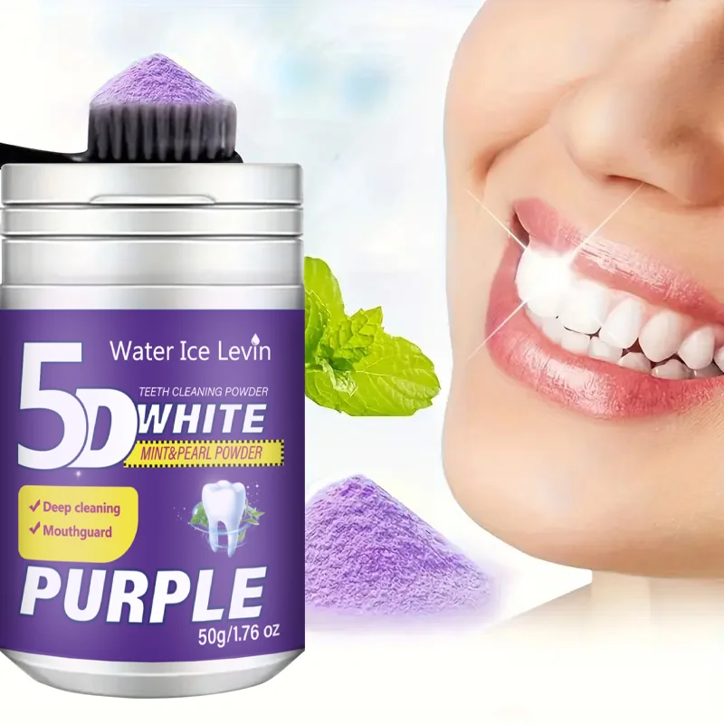 Daily Teeth Whitening Cleaning Powder 5D White Purple Mint Pearl Formula Remove Surface Stains Restore Bright White Smile 50g