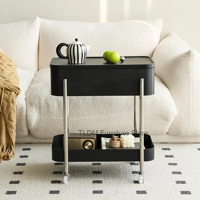 Rolling Side Cart Smooth Metal Support Poles Mobile Storage Trolley with Trays&Casters for Sofa Living Room Household Organizer