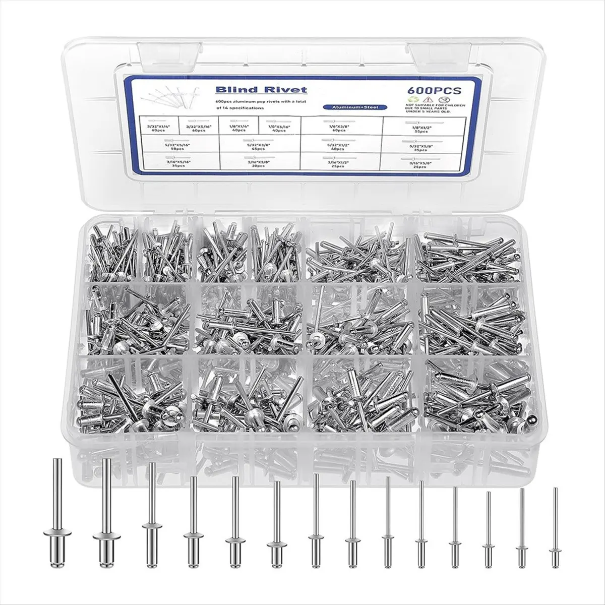 *A14E 600 Pcs 14 Size Pop Rivets Assortment Kit Aluminum Rivets (3/32 Inch 1/8 Inch 5/32 Inch 3/16 Inch),Assorted Blind Rivets